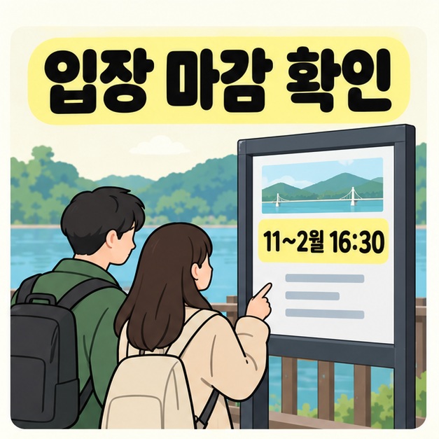 입장 마감 확인 문구 아래 두 방문객이 11~2월 16:30이라고 표시된 운영 안내판을 살펴보는 삽화