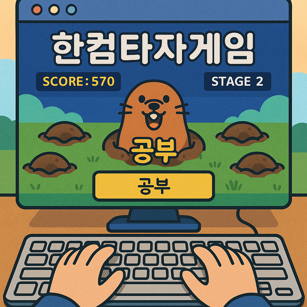 두더지를 잡으며 단어를 입력하는 한컴타자 게임 장면, '공부'라는 단어를 입력 중이고 점수와 스테이지가 표시됨