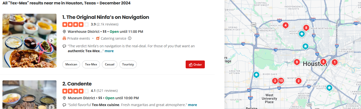 an example of reviews of Tex Mex restaurants in Houston, Texas