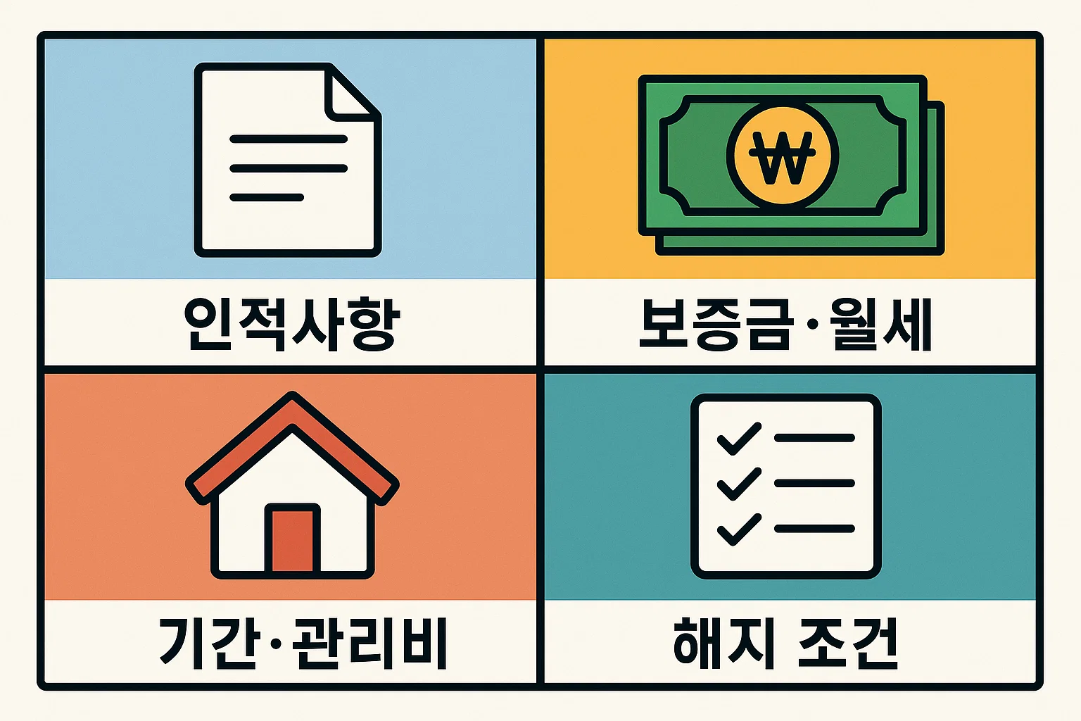 전월세 계약 시 세입자가 계약서에 반드시 확인해야 할 항목을 정리한 인포그래픽으로, 인적사항, 보증금 및 월세 금액, 계약기간과 관리비, 해지 조건 등 주요 체크리스트를 안내하는 자료입니다.