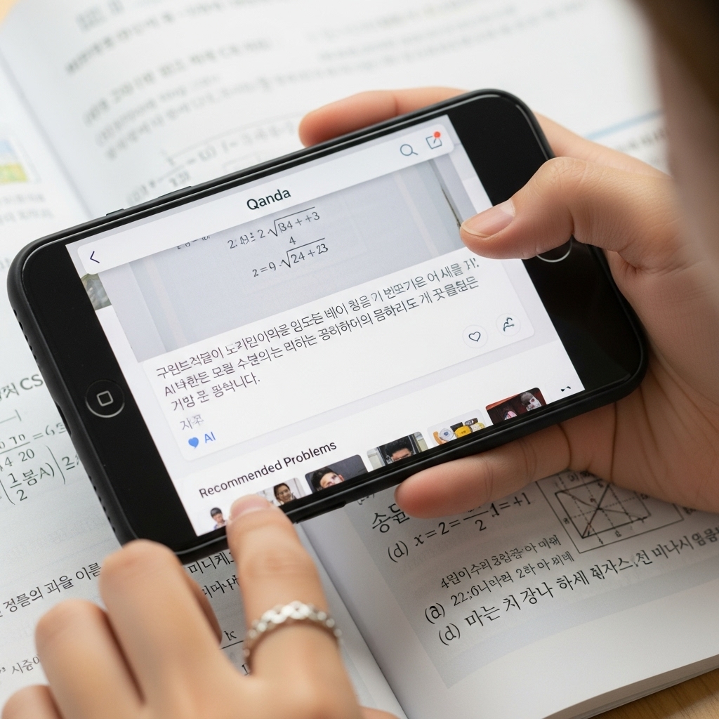 콴다 앱으로 수능 수학 문제를 스캔하고 AI가 제공하는 풀이와 추천 문제를 확인하는 학생의 손.2