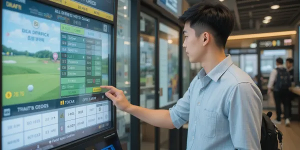 스크린골프 예약 키오스크에서 가격 확인하는 남성