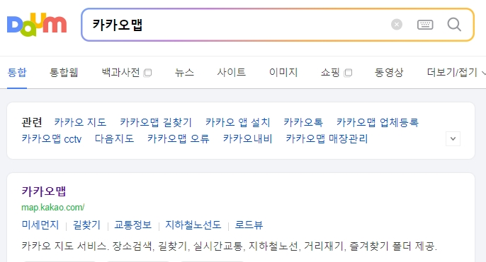 카카오맵 메인 화면에서 스카이뷰 기능을 실행하기 전의 일반 지도 모습