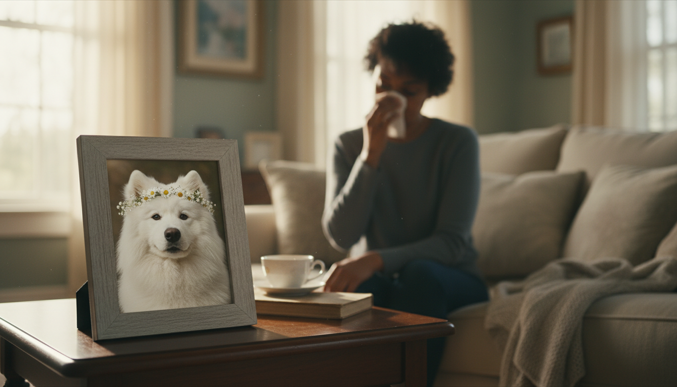 나 혼자 산다 꽃분이 추모 회차를 연상시키는 반려견 영정 사진과 꽃, 그리고 이를 바라보며 슬퍼하는 반려인의 모습