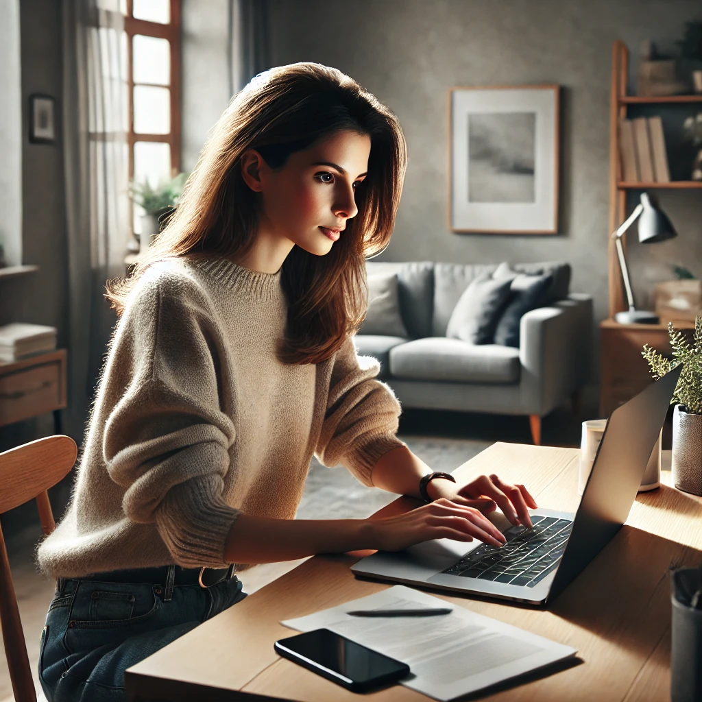 노트북으로 부업을 진행 중인 30대 여성. 밝은 홈 오피스에서 커피잔과 메모장으로 꾸며진 책상이 돋보이며, 창문을 통해 들어오는 햇빛이 자연스러운 느낌을 더합니다.