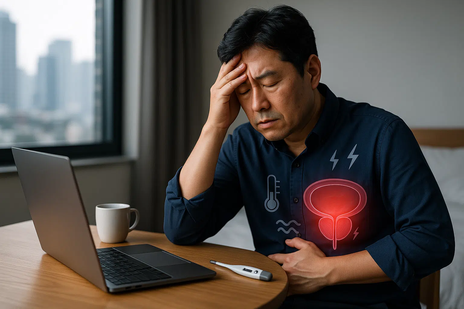 책상에 앉아 피곤한 표정으로 머리를 손으로 짚고 있는 중년 남성, 체온계가 미열을 표시, 전립선염으로 인한 전신 피로감