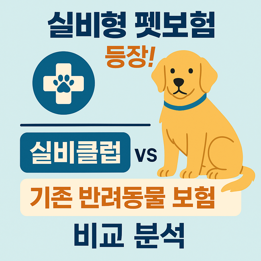 실비형 반려동물 보험과 기존 펫보험을 비교하는 썸네일 이미지. 강아지 일러스트와 의료 아이콘이 포함된 인포그래픽 스타일.