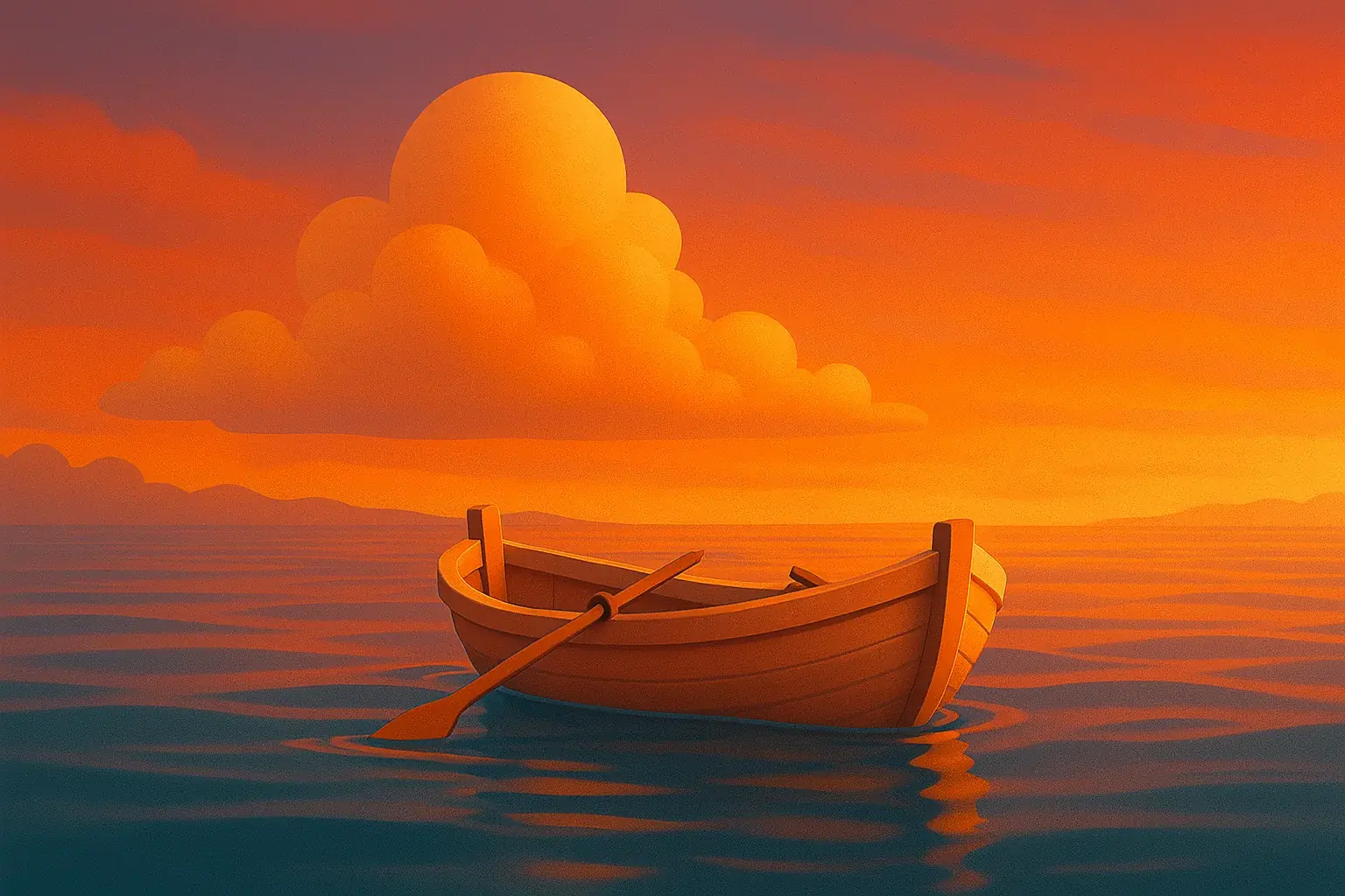 노을진 바다 위에 떠 있는 나무 노 젓는 보트와 주황빛 하늘의 따뜻한 풍경
