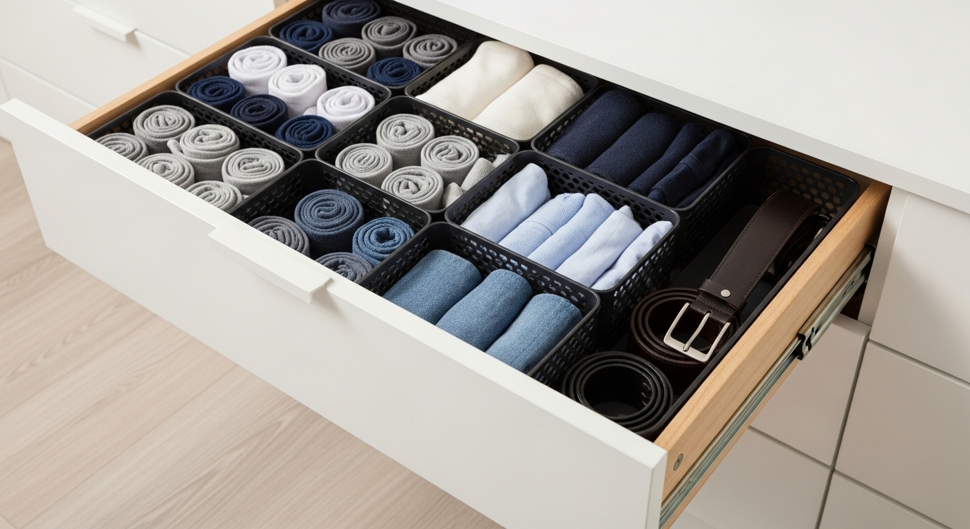 칸막이 정리함을 활용하여 양말과 속옷이 깔끔하게 정리된 서랍장 내부.