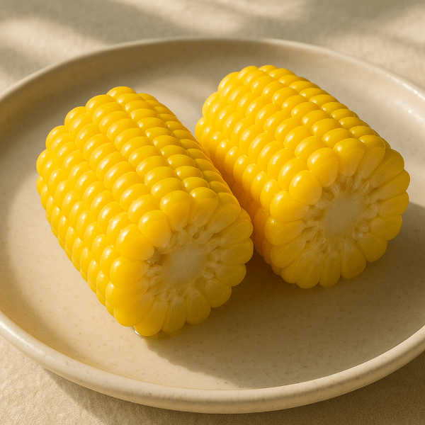 그릇위에 반으로 잘라진 찐 초당옥수수