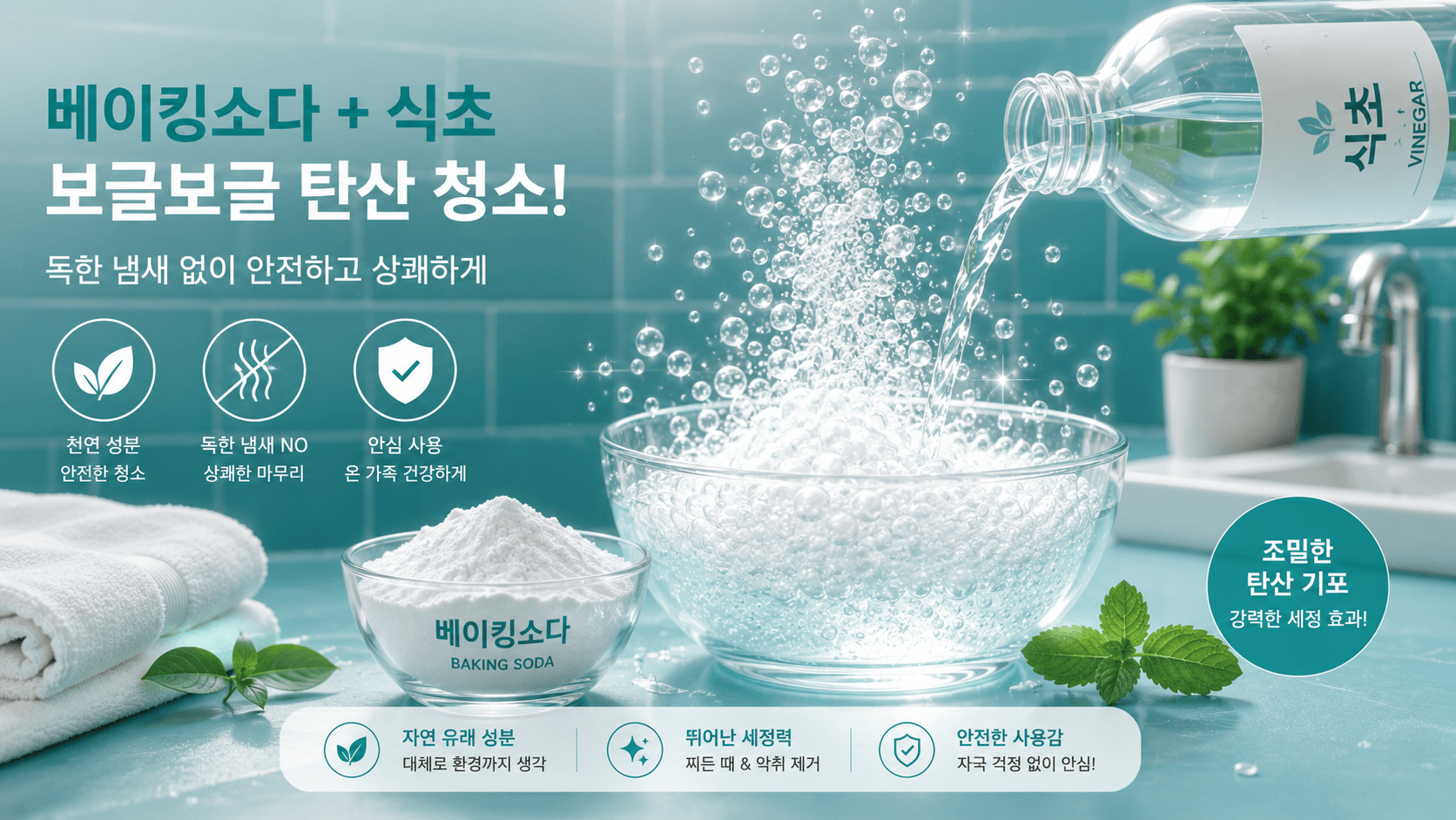 베이킹소다 가루와 투명한 식초 액체가 만나 하얗고 조밀한 탄산 기포가 보글보글 피어오르는 모습을 감각적으로 묘사한 일러스트