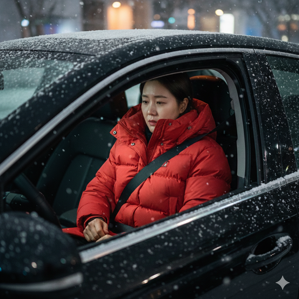 두꺼운 겨울 패딩을 입고 자동차 운전석에 앉아 안전벨트를 매고 있는 모습에 '경고' 표시가 된 이미지