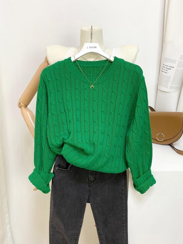 기본 케이블 라운드 긴팔 꽈배기 니트 초록색 브라운