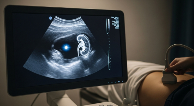 신장 영상에서 작은 돌이 보이는 모니터와 옆구리 초음파 장면