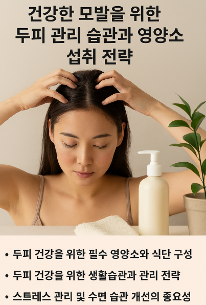 두피 마사지를 실천하는 여성의 모습과 함께, 두피 관리에 도움이 되는 영양소와 생활 습관을 시각적으로 표현한 이미지