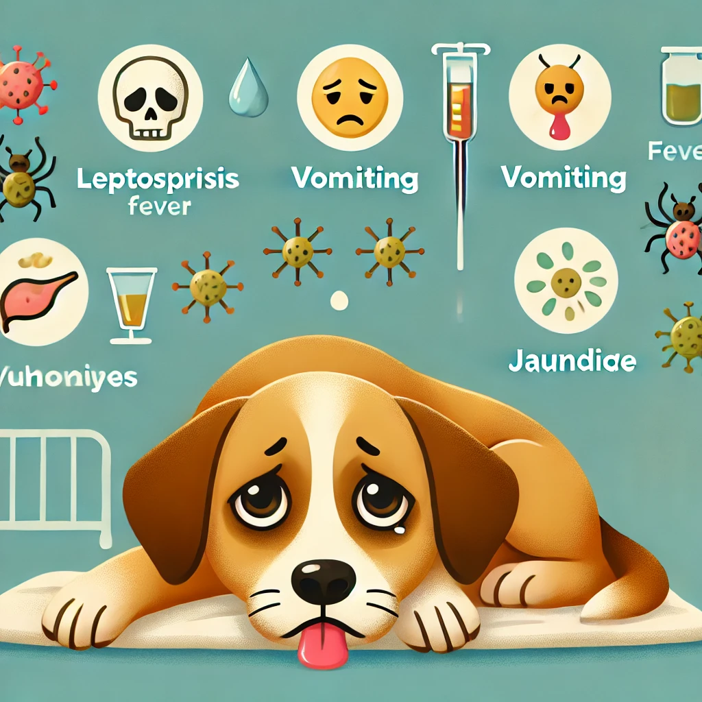 렙토스피라증에 감염된 강아지가 열, 구토, 황달 증상을 보이며 누워 있는 모습