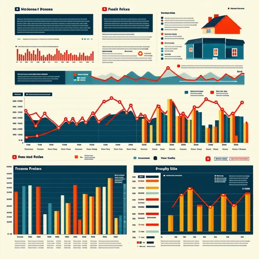 그래프와 차트를 사용하여 최근 부동산 시장의 상승 및 하락 추세를 보여주는 이미지.