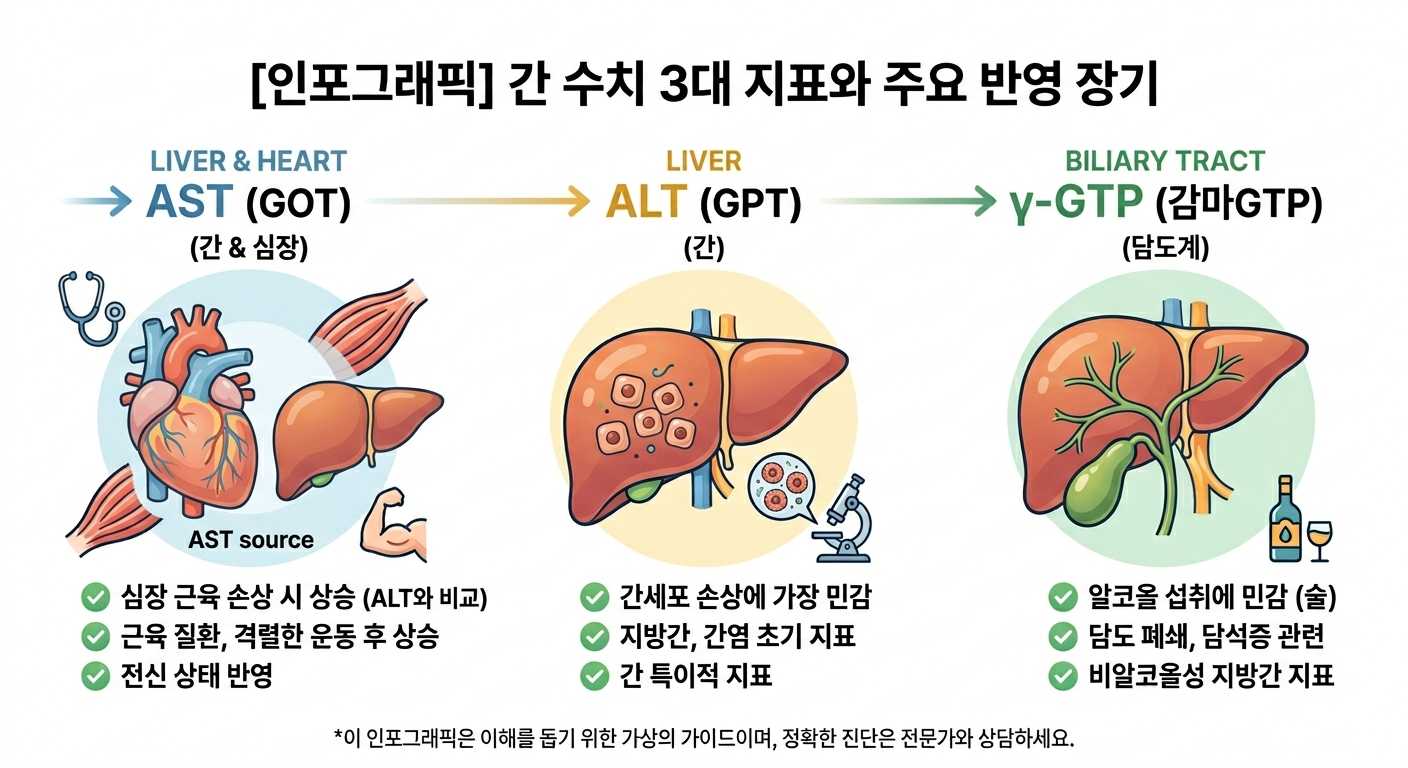 간 수치 3대 지표 AST ALT 감마GTP 심장 간 담도 인포그래픽
