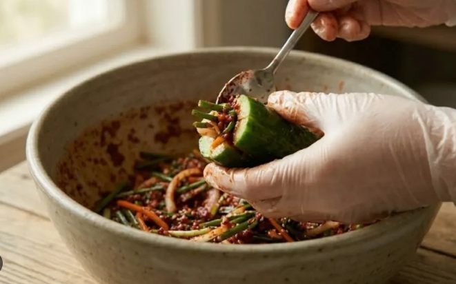 오이 칼집 사이에 부추 양념을 조심스럽게 채우는 모습 