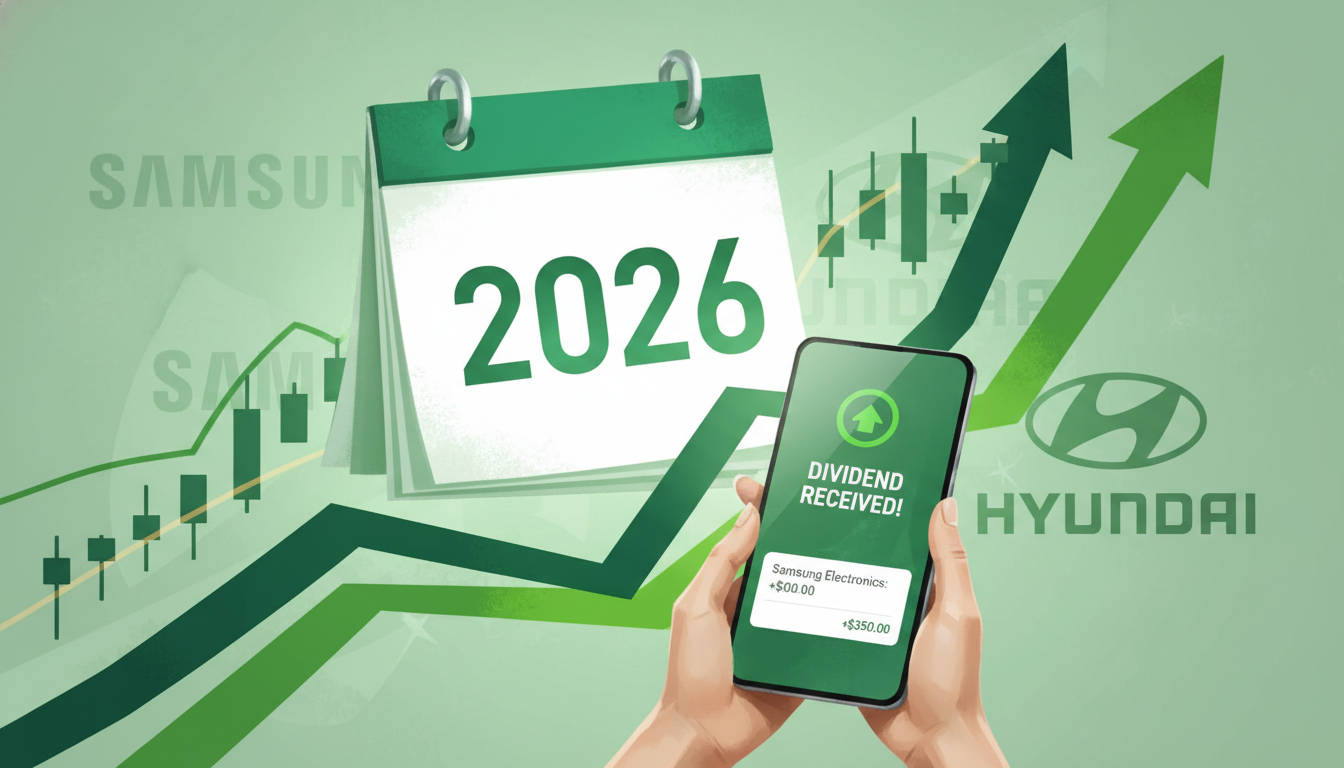 2026년 삼성전자 및 현대차 배당금 지급일을 표시하는 달력과 스마트폰으로 배당금을 확인하는 모습, 안정적인 투자 수익을 상징합니다.