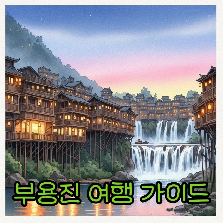 강가 폭포 옆 고즈넉한 부용진 마을의 야경