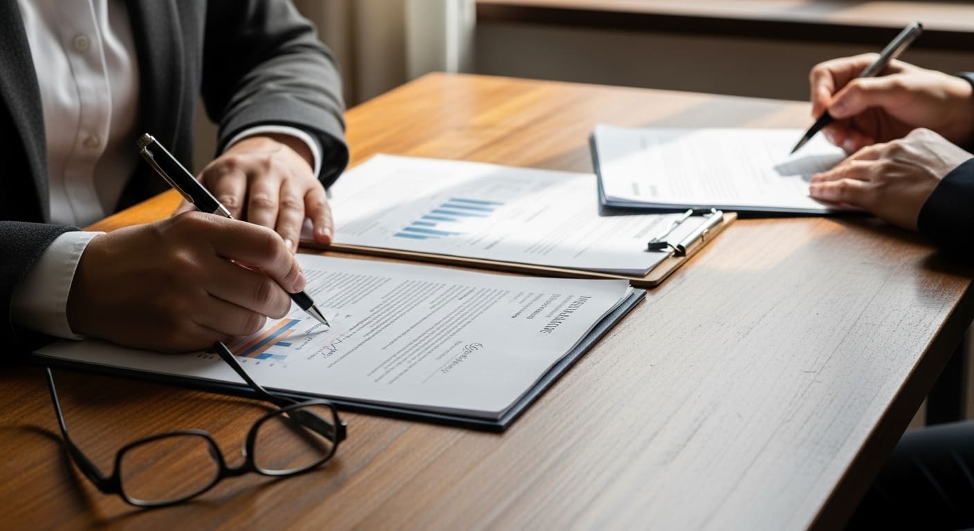 금융 계약 문서와 계산기가 놓인 책상