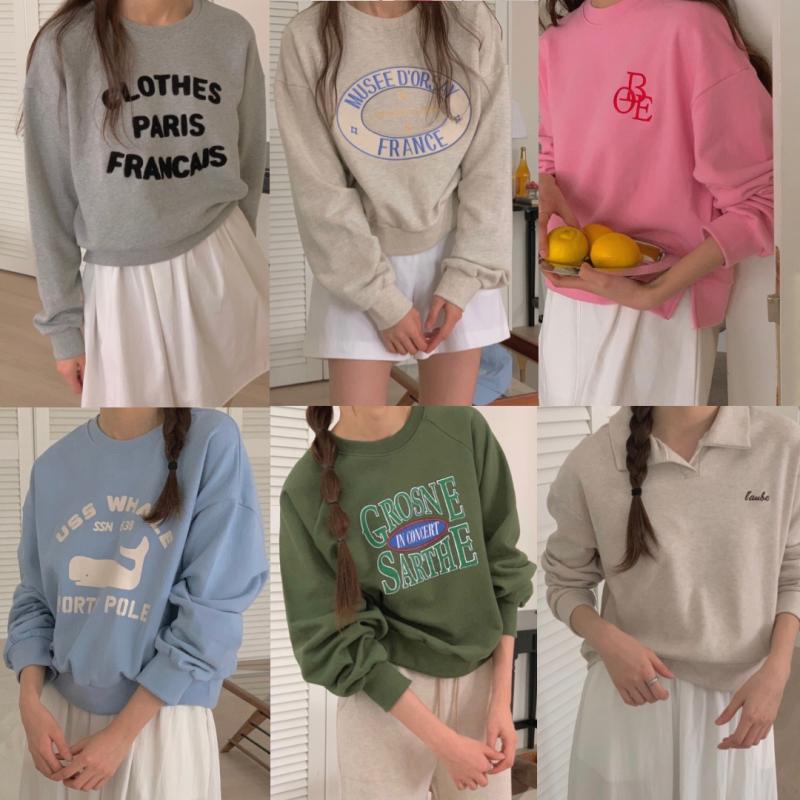 여성 세미 크롭 맨투맨 후드 반집업 레터링 자수 크롭티