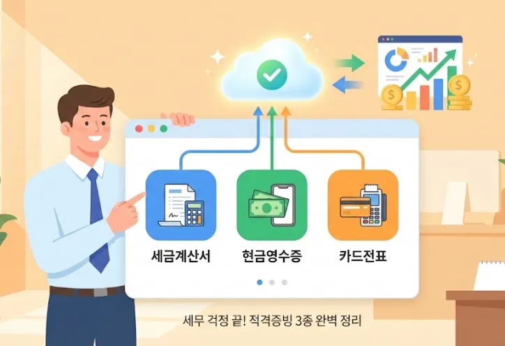 적격증빙 3종인 세금계산서, 현금영수증, 카드전표의 차이와 사업자 비용처리 및 부가세 매입세액공제 요건을 설명하는 블로그 대표 이미지. 체계적인 세무 증빙 관리와 국세청 홈택스 조회를 상징하는 일러스트.