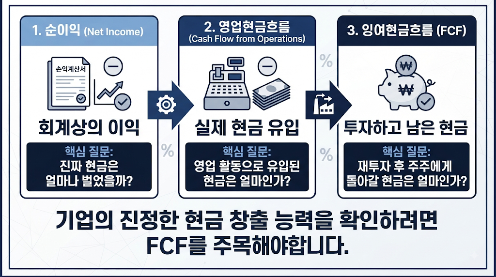 순이익 영업현금흐름 FCF 관계를 보여주는 기업 재무분석 흐름도