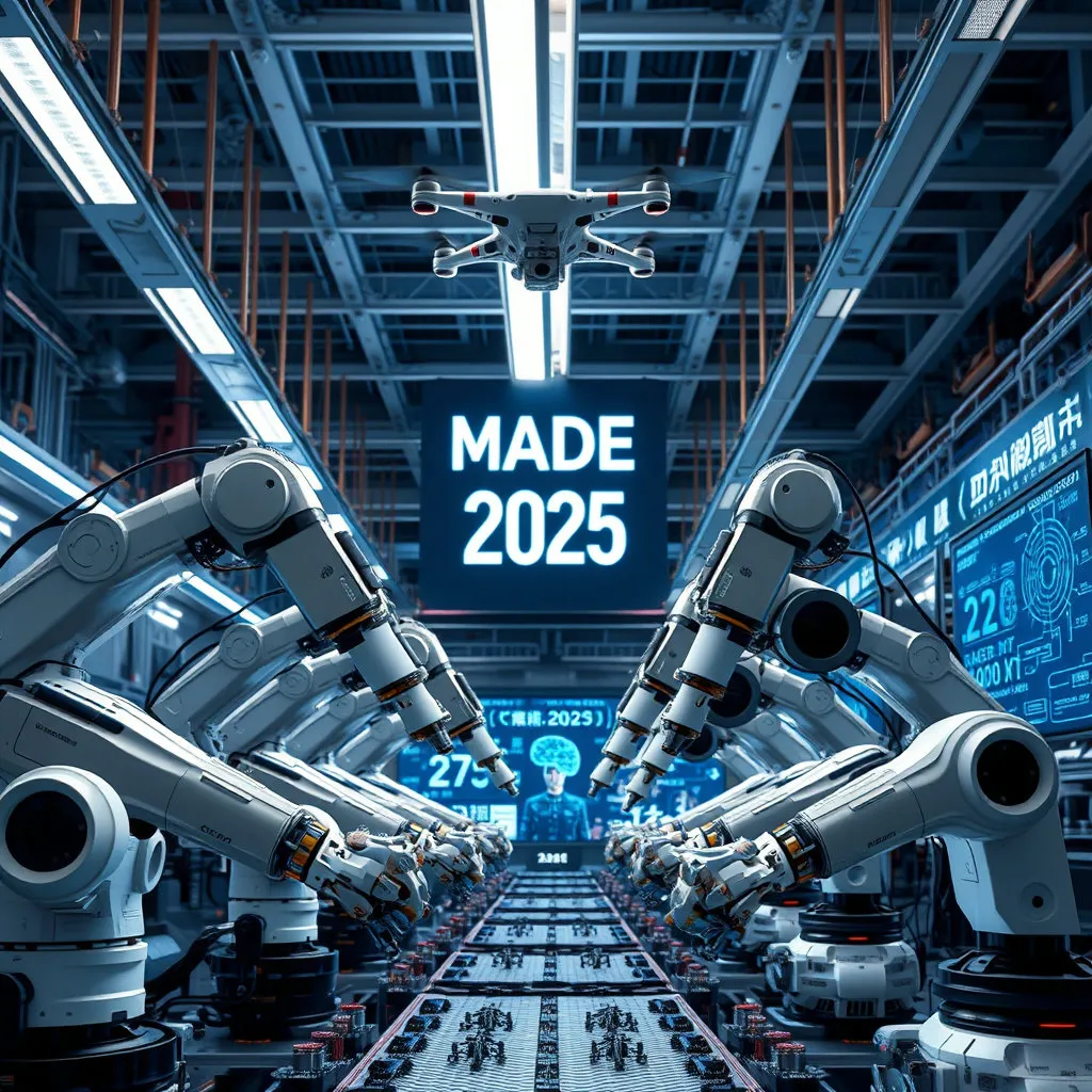 로봇들이 정밀하게 부품을 조립하는 미래 공장 내부 모습이나, 드론, 인공지능 등 첨단 기술 아이콘들과 함께 발전하는 중국의 기술력을 상징합니다.