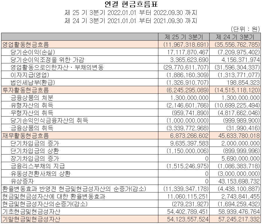 쏠리드 - 현금흐름표