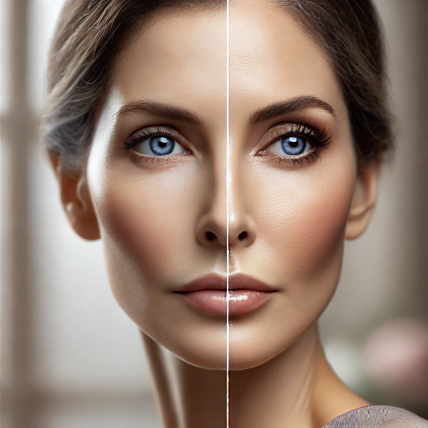 눈꺼풀 처짐 전후를 비교한 중년 여성의 얼굴. 왼쪽은 윗눈꺼풀이 처지고 피로해 보이며, 오른쪽은 상안검 수술 후 또렷하고 밝은 눈매를 표현한 모습