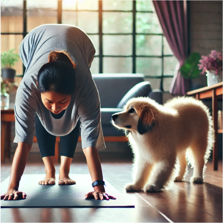 요가하는 여성, 반려견
