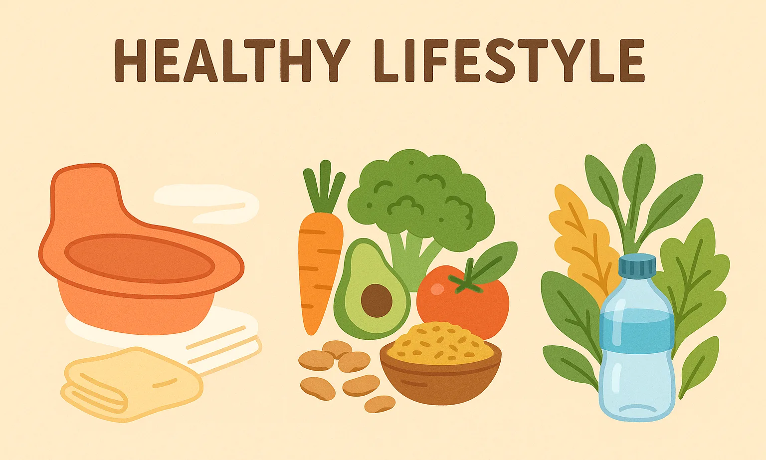 좌욕 도구, 수건, 물병, 채소와 곡물이 담긴 고섬유질 식단