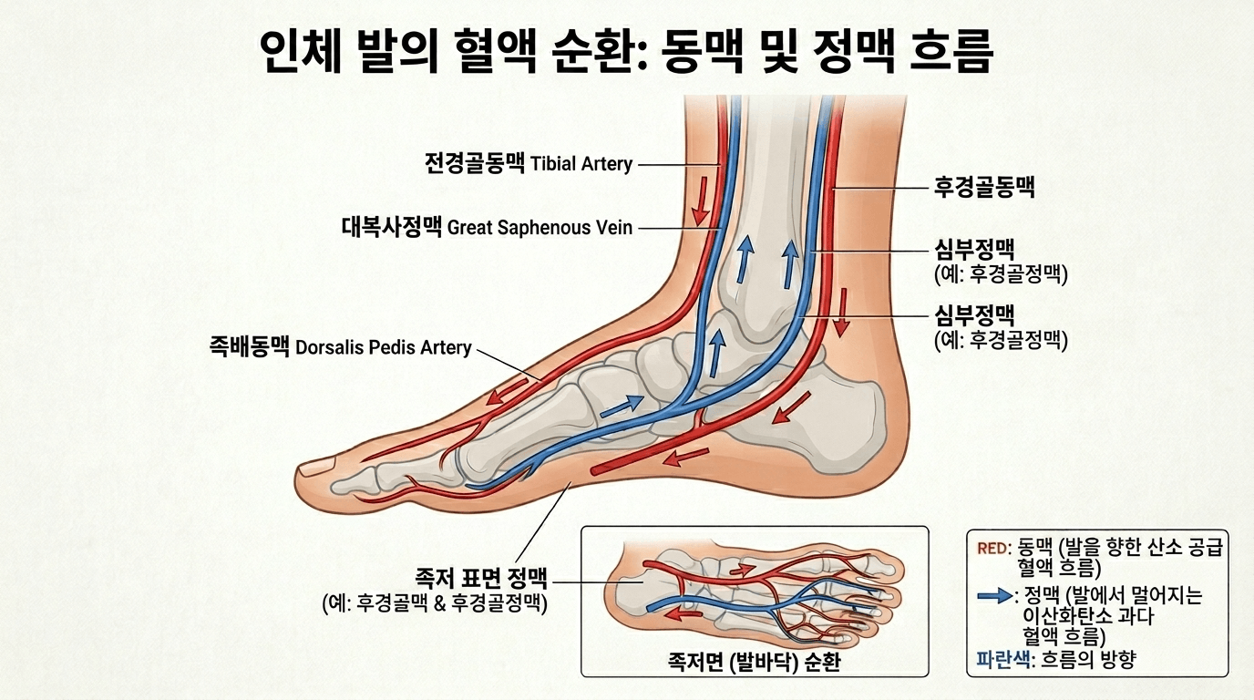 발의 동맥과 정맥 흐름 및 주요 혈관 명칭을 나타낸 해부학적 구조도