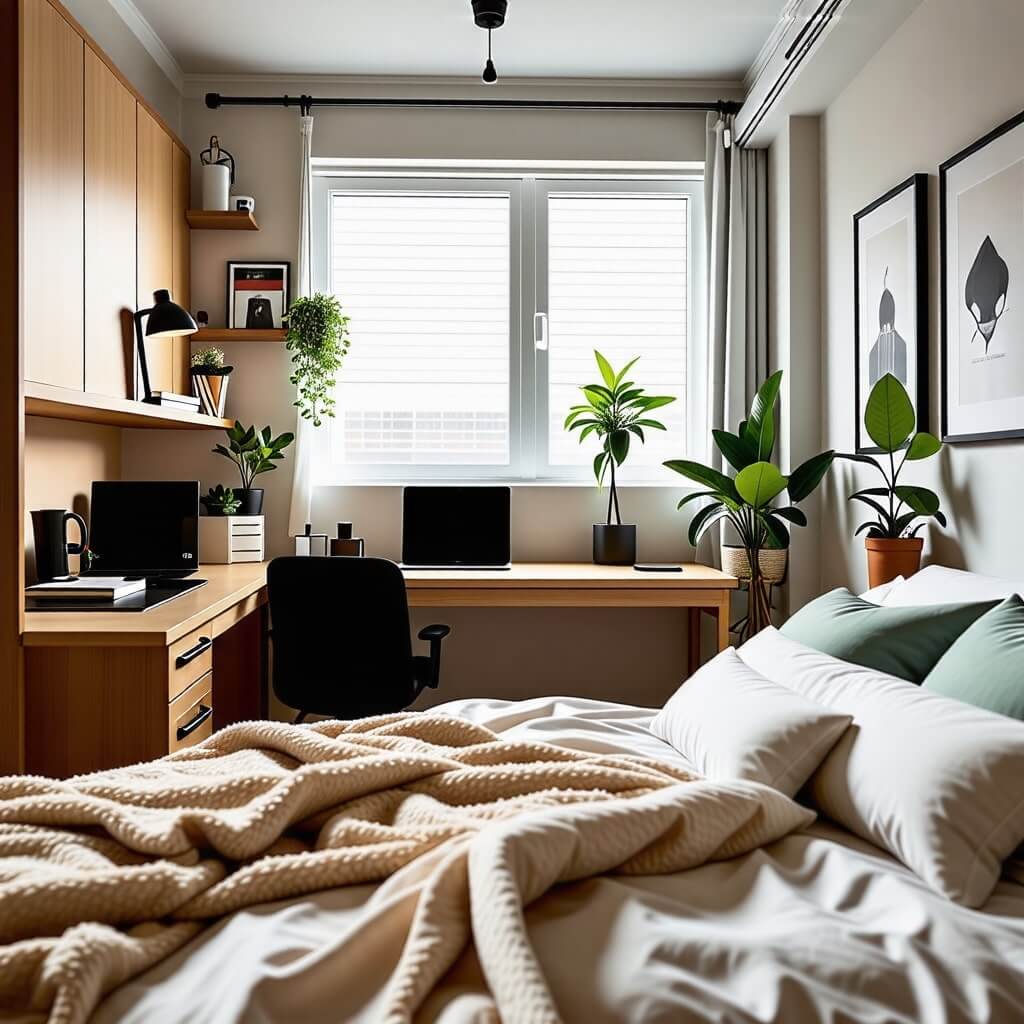 아늑한 원룸의 내부. 책상, 침대, 작은 주방이 갖춰져 있습니다.