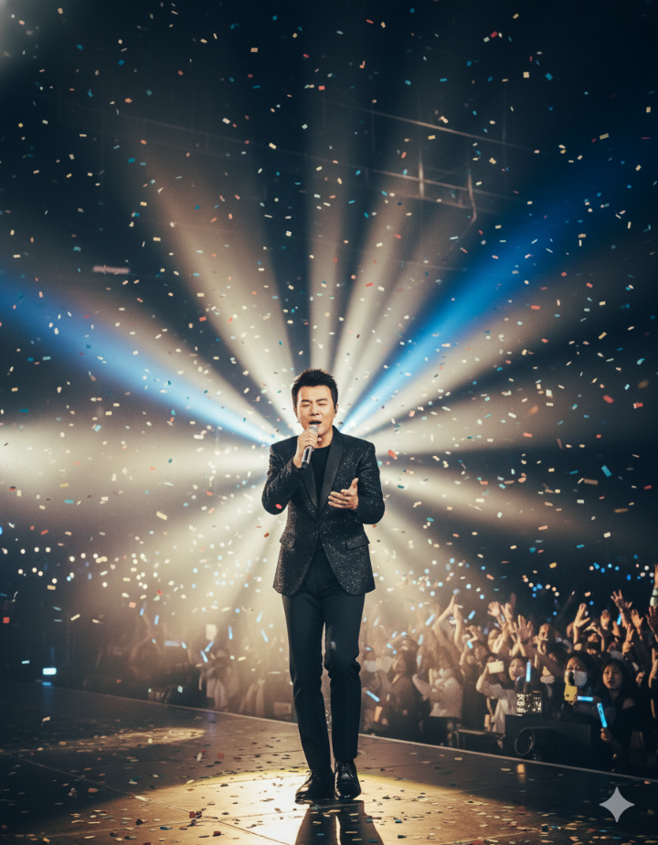 콘서트장 관객들이 환호하는 모습과 무대 위의 박진영