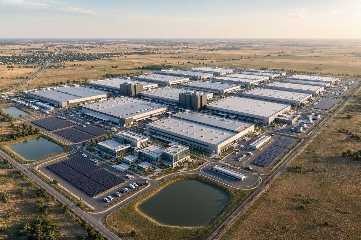 Aerial panoramic view of a sprawling mega-scale semiconductor manufacturing complex in a rural landscape.