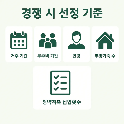 장기전세 주택공급 신청 시 거주 기간, 무주택 기간, 연령, 부양가족 수, 청약저축 납입횟수 등 경쟁 상황에서 선정 기준 설명