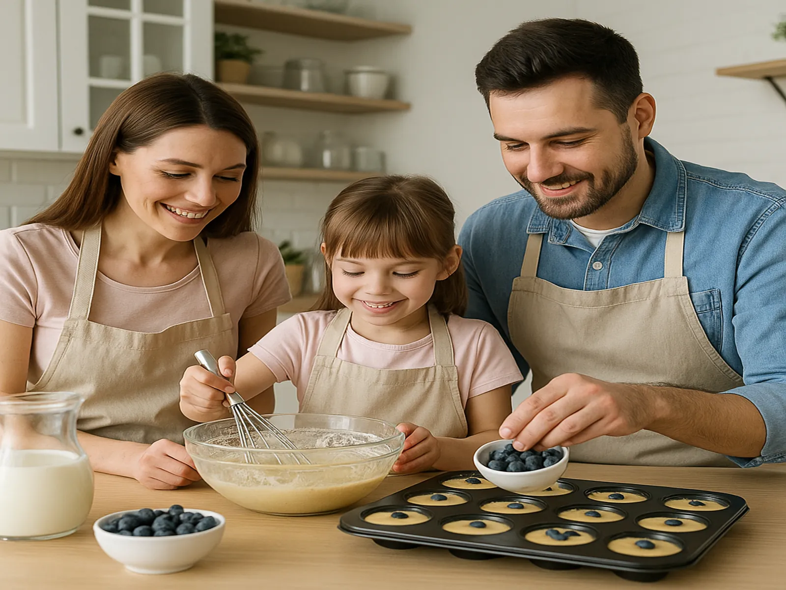 부모와 아이가 함께 주방에서 블루베리 레시피를 만드는 모습