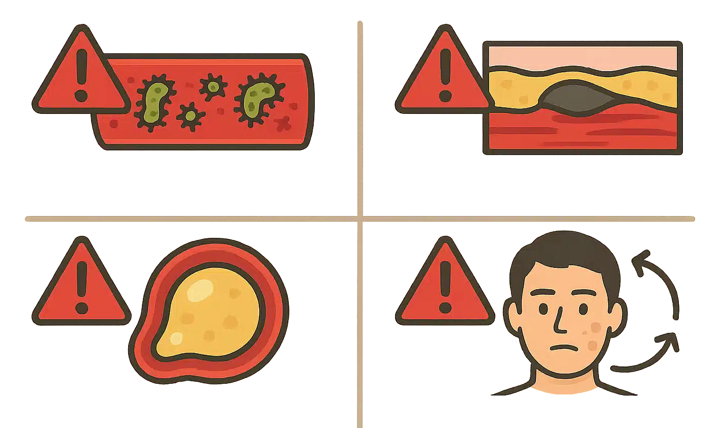 봉와직염 합병증, 패혈증(혈관 속 세균), 괴사성 근막염(근육층 감염), 농양(고름), 재발