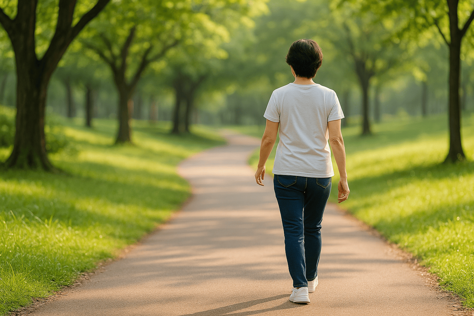 당뇨 전단계 관리 중 산책하는 중년 여성 (AI 이미지)