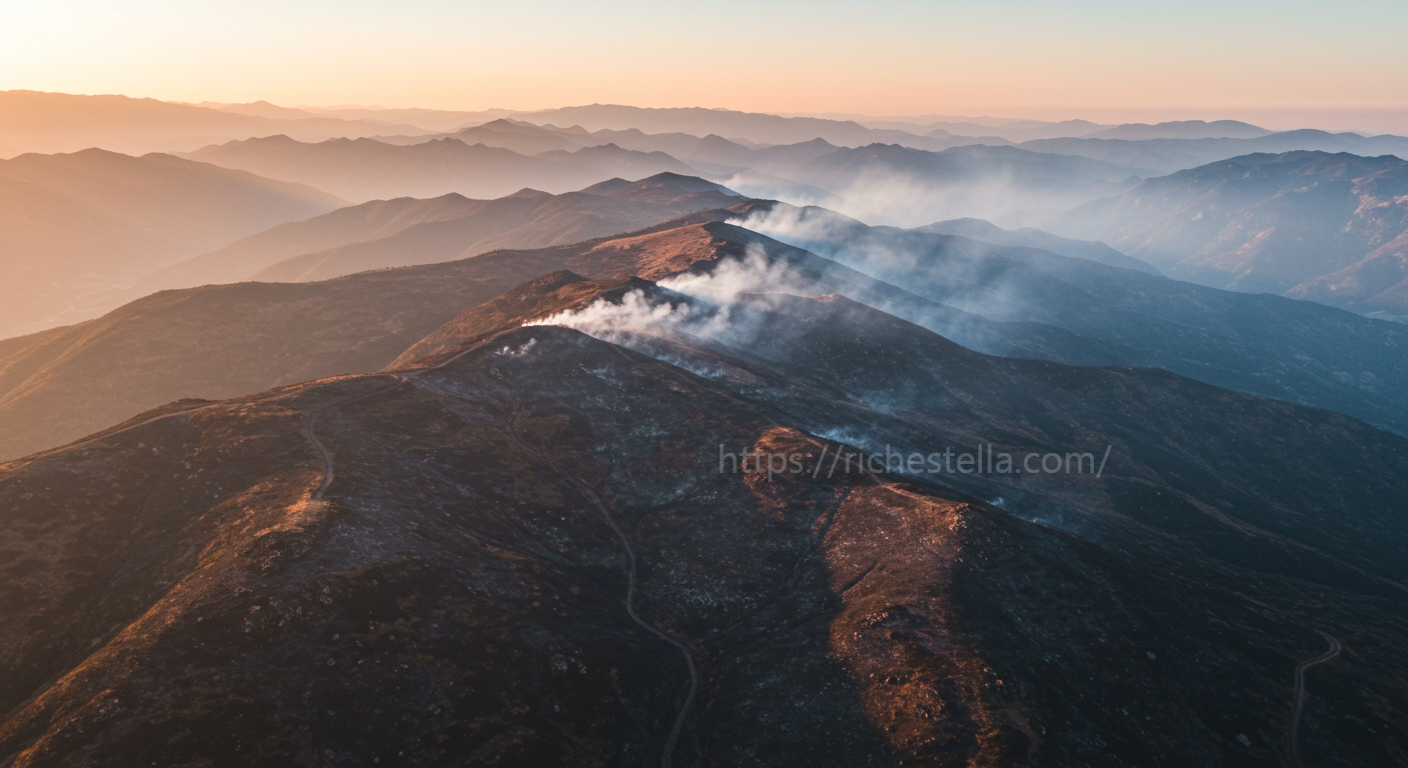 산불 항공 드론샷, 꺼지지 않은 불씨가 여전히 연기를 만들고 있다.