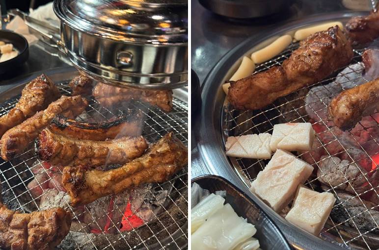 구워지는 록갈비와 돼지 껍데기