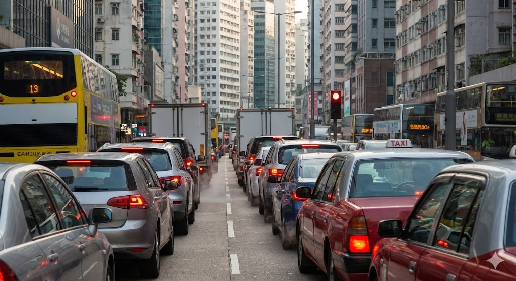 꽉 막힌 도심 도로와 신호 대기 중인 차량들의 모습 이미지