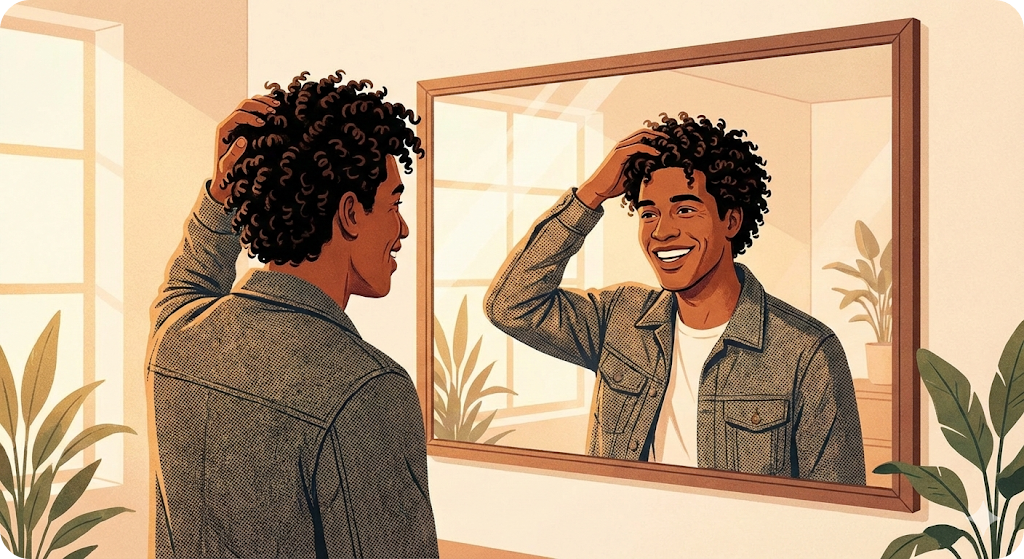 거울 앞에서 자신의 곱슬머리를 자신감 있게 만지며 미소 짓는 남성의 세련된 일러스트
