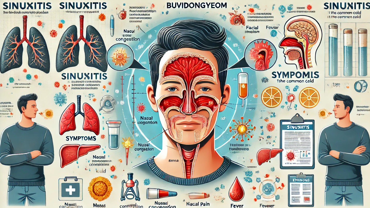 코와 부비동 구조를 강조한 해부도에서 염증 부위를 하이라이트, 주요 증상인 코막힘, 안면통, 두통을 시각적으로 표현