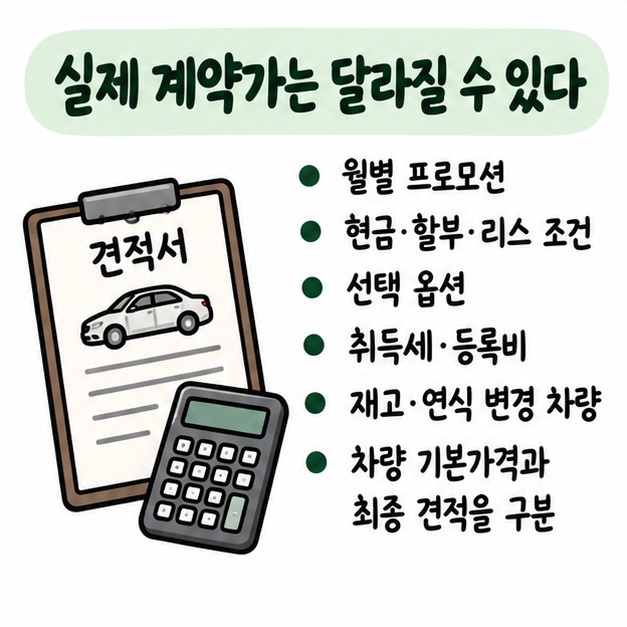 실제 구매가는 프로모션과 금융조건, 옵션, 취득세·등록비, 재고와 연식 변경 여부에 따라 달라질 수 있음을 정리한 카드