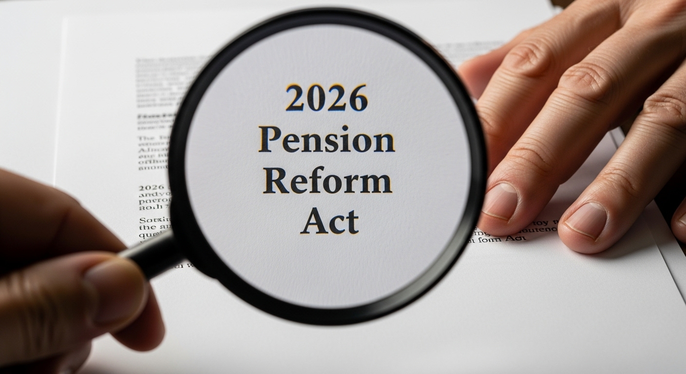 돋보기를 들고 연금/퇴직금 개편안 서류를 꼼꼼히 체크하고 있는 투자자의 모습