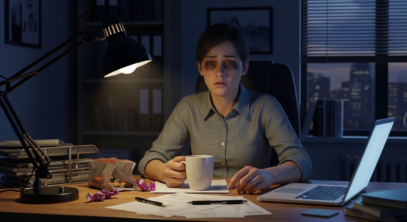 피곤한 상태에서 단 음식과 커피를 찾는 직장인 모습